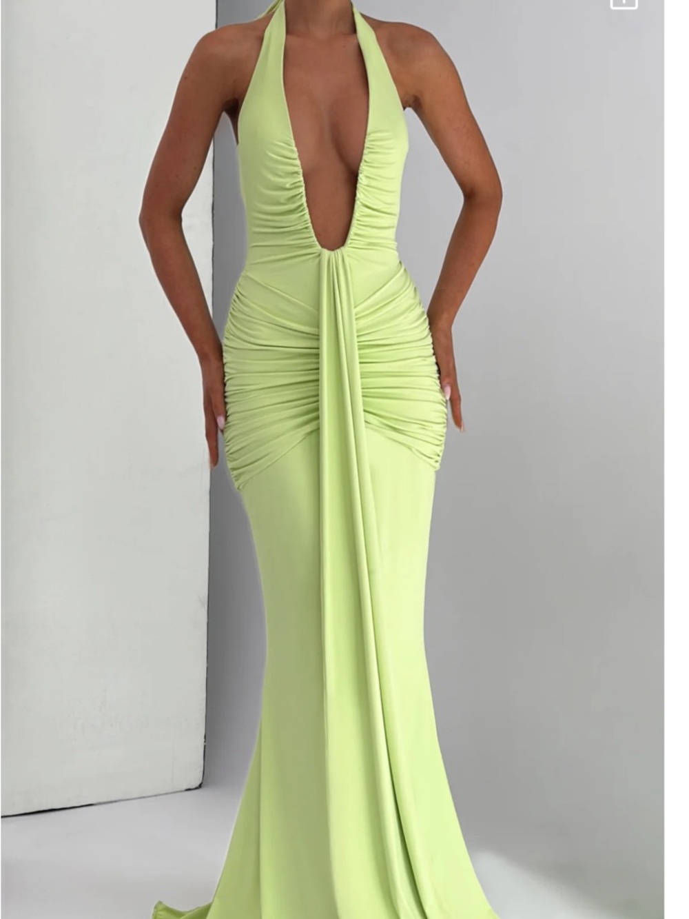 Plunge Halter Ruched Maxi Dress in Lime Green